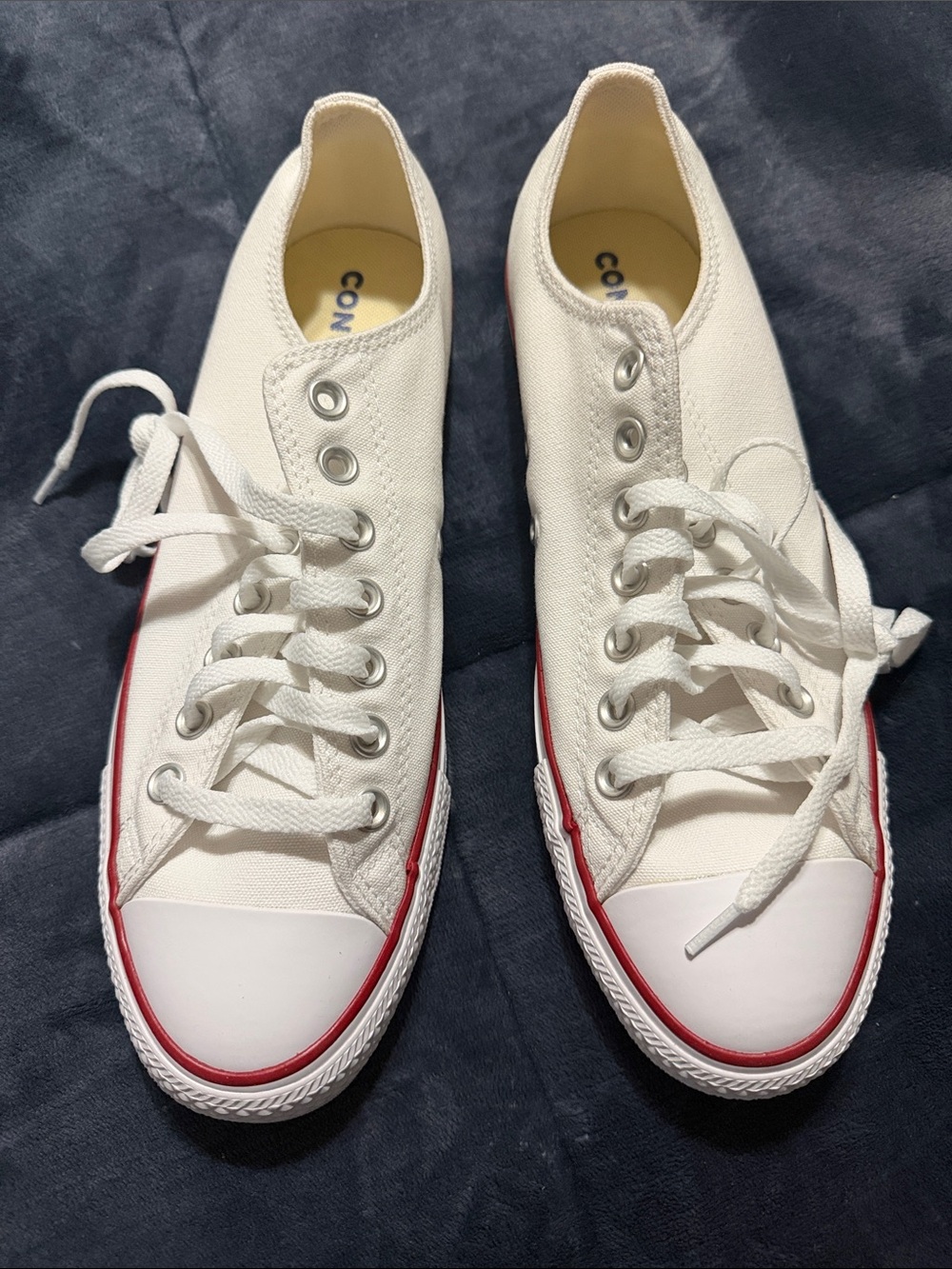 Converse White Low-Top Canvas Sneakers with Red Stripe